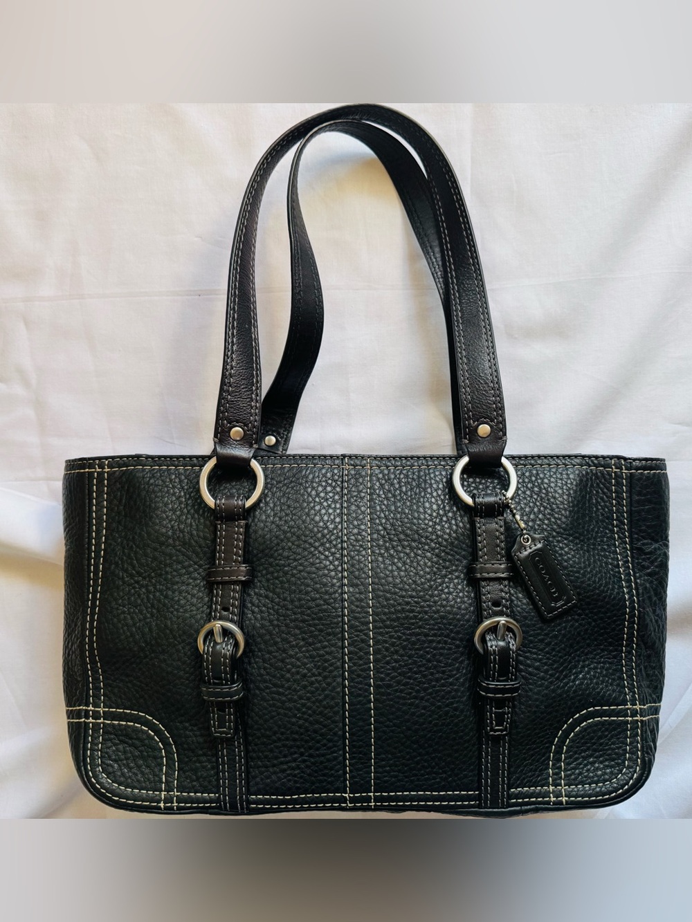 Coach Women’s Classic Black Leather Tote Bag with Contrast Stitching
